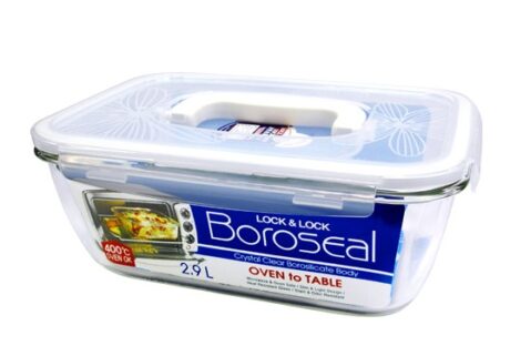 תבנית זכוכית מלבנית Lock&Lock בורוסיל 2.9 ל' עם ידית. מידות: 10.5x19.8x27.6 ס"מ דגם LLG463