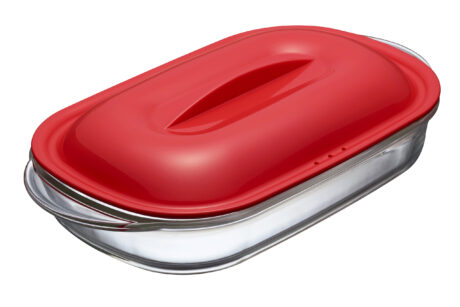 תבנית זכוכית Lock&Lock עם מכסה פלסטיק אדום 900 מ"ל מסדרת אובן גלאס. מידות: 7x16.4x28 ס"מ דגם LLG483R