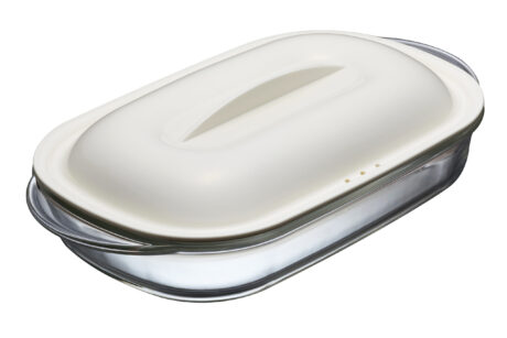 תבנית זכוכית Lock&Lock עם מכסה פלסטיק לבן 900 מ"ל  מסדרת אובן גלאס. מידות: 7x16.4x28 ס"מ דגם LLG483W