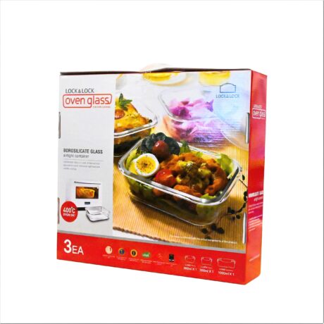 סט 3 קופסאות זכוכית הרמטיות Lock&Lock מסדרת אובן גלאס באריזת מתנה עם ידית דגם LLG821S03