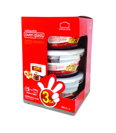 סט 3 קופסאות זכוכית עגולות 380 מ"ל בקוטר: 13 ס"מ וגובה: 6.5 ס"מ Lock&Lock מסדרת אובן גלאס דגם LLG821S3 באריזת מתנה