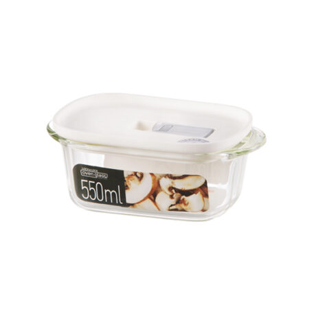 קופסא זכוכית מלבנית 550 מ"ל Steam Hole Lock&Lock. עם מכסה לבן בעל פתח לשחרור אדים. מידות: 17.3x11x7 ס"מ. דגם LLG940WHT